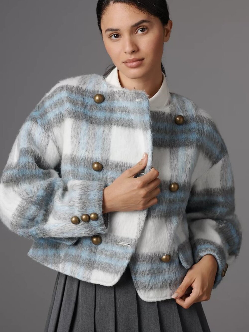 Anthropologie Maeve Plaid Wool Blend Jacket Coat Crop Size XL NWT Blue White